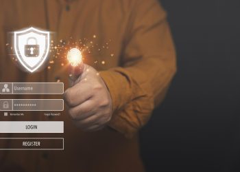 A person in a brown shirt interacts with a glowing fingerprint icon on the screen, highlighting biometric security. Beside the username and password fields, "Login" and "Register" buttons remind us why using a VPN adds an extra layer of protection for your personal information. | ZRYLY.com